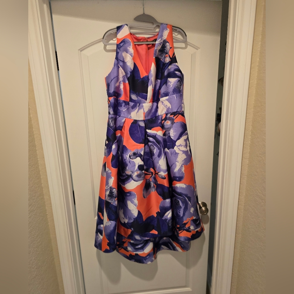 Signature by Sangria Asymmetrical Dress in Blue and Salmon Floral